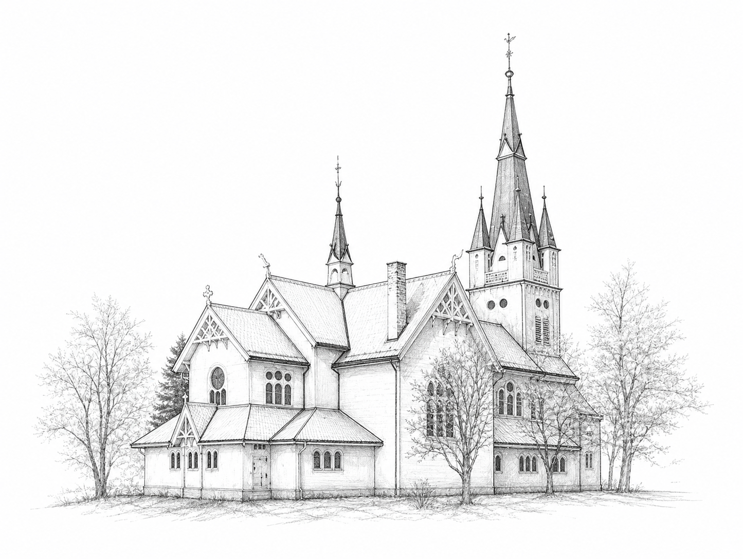 Håndtegnet illustrasjon av Strinda kirke